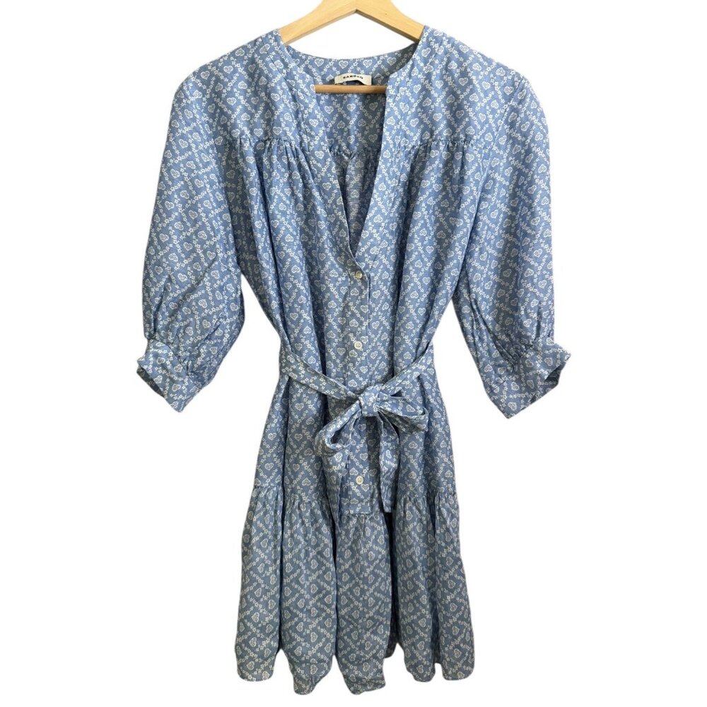 Sandro Million Linen Silk Tiered Belted Floral Crepe‎ Mini Shirt Dress Blue 6 - Picture 2 of 8